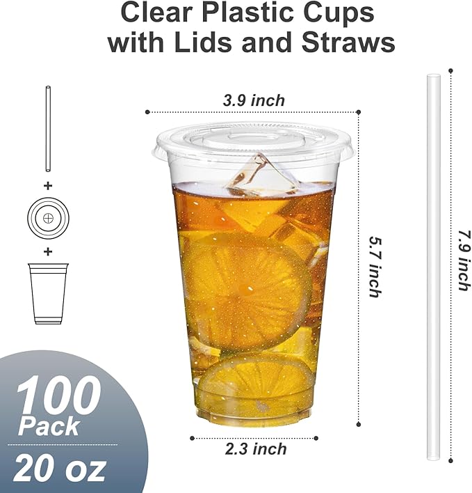 100 Pack - 20 oz Clear Plastic Cups with Lids and Straws Sturdy &amp Food Safe Iced Coffee Cups with lids Disposable Plastic Smoothie Cups for Cold Drinks