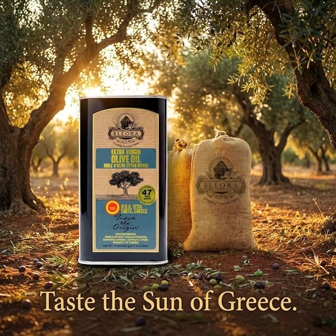 Ellora Farms Greek Extra Virgin Olive Oil Certified PDO SITIA Single Estate Single Origin High in Phenols Cold Press &amp Traceable Olive Oil Crete Greece Kosher 1 Lt Tin (33.8 oz.)