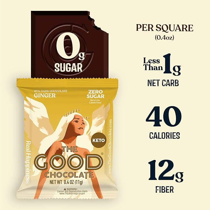 The Good Chocolate - Ginger Chocolate Squares Zero Sugar Lower Net Carb Snack Lower Calorie Vegan Chocolate Candy 24 Square Family Pack