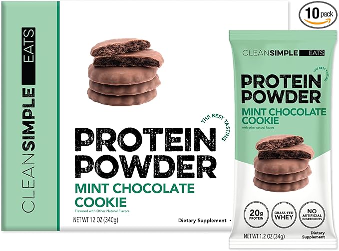 Clean Simple Eats Whey Protein Powder Mint Chocolate Cookie Flavor Naturally Sweetened 100% Grass Fed Protein Powder with Digestive Enzymes No Artificial Ingredients Gluten Free 10 Stick Packs