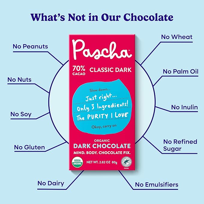 Pascha Organic Dark Chocolate Bars 70% Cacao Gluten Free Non GMO 2.82 oz Pack of 10