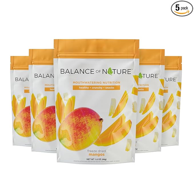 Balance of Nature Freeze-Dried Mangos (5 Pack) – 100% Real Fruit Crunchy Mango Slices Healthy Snack Mouthwatering Nutrition Gluten-Free Vegan No Sugar Added Five 1.6 oz Bags