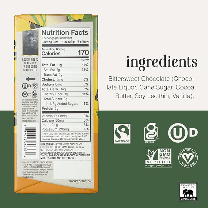 Endangered Species Chocolate Chimpanzee Natural Dark Chocolate (72%) 3-Ounce Bars (Pack of 12)
