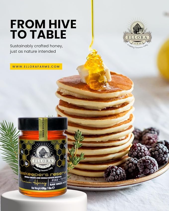 Ellora Farms Organic Greek Honey Bundle – Pine-Thyme &amp Wild Thyme Raw Pure Unfiltered Award-Winning Cold-Pressed Gluten-Free Gift Pack with Dipper – 2x450g