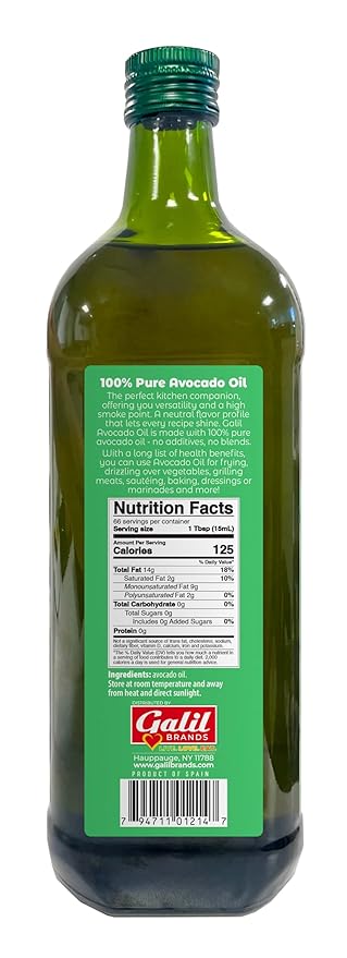 Galil 100% Pure Avocado Oil - High Smoke Point 500°F Non-GMO Vegan Halal Certified - Perfect for Cooking Baking Sautéing Dressings &amp Marinades Rich in Healthy Fats - 1 Liter Glass Bottle