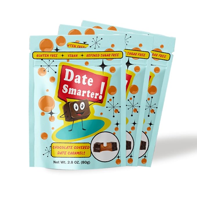 Date Smarter Chocolate Covered Date Caramels - Naturally Sweetened with Real Dates - Vegan Gluten-Free Dairy-Free Refined Sugar-Free Plant-Based Snack Bites - Great Anytime Snack - 2.8 oz 3 Pack