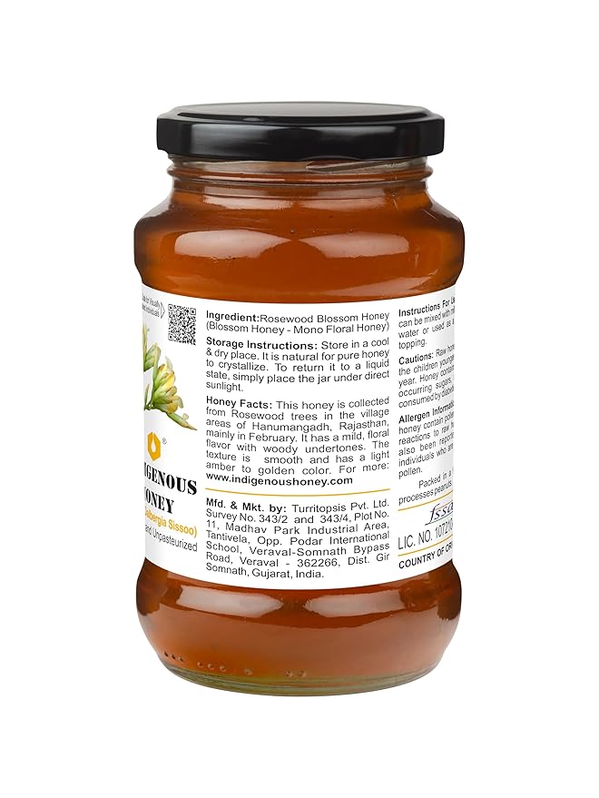 INDIGENOUS HONEY Rosewood Shisham Honey Raw Organic Natural Pure Unprocessed NMR Tested Unpasteurized Unheated 530g Glass Jar Pack of 1