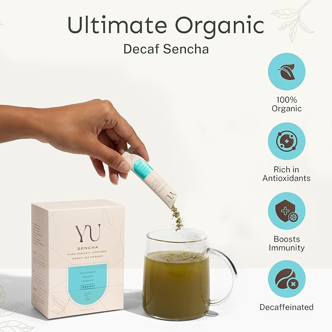 Yu Tea Decaf Organic Sencha Green Tea Powder 100 Servings | Rich in Antioxidants EGCG &amp L-Theanine | Pure Japanese First Harvest Leaf | Caffeine-Free &amp Unsweetened | Resealable Pouch 2.65