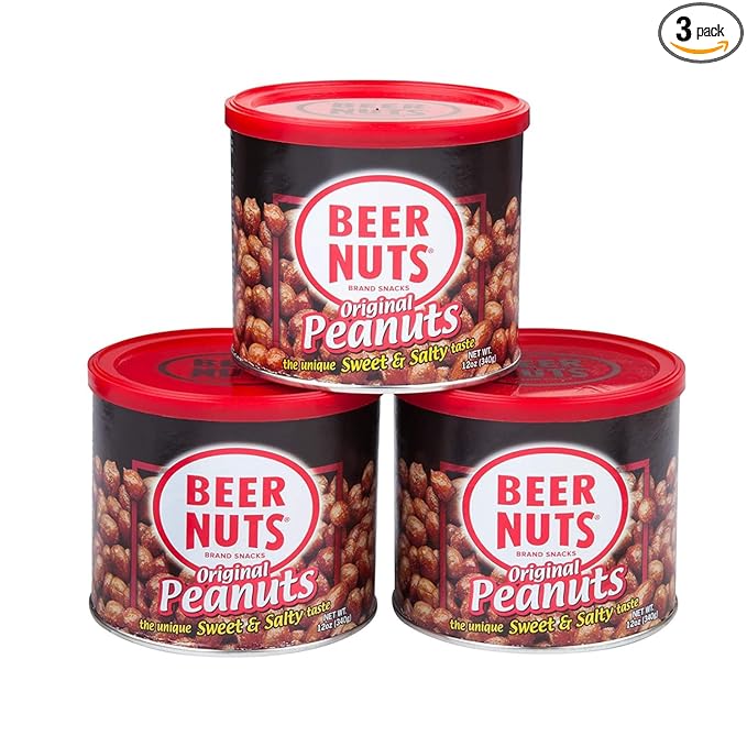 BEER NUTS Original Peanuts - Travel Size Sweet &amp Salty Bar Nuts - Gluten Free Kosher Low Sodium Peanut Snacks Made In The USA - 12oz Resealable Can (Pack of 3)