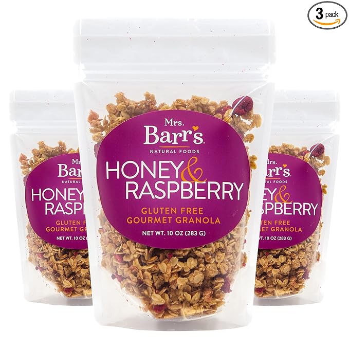 Mrs. Barr’s Natural Foods Granola | Honey &amp Raspberry | Certified Organic Gluten Free Oats | Soft Texture | Small Batch | Gourmet Quality | Real Ingredients | 10 Ounces (3 Pack)