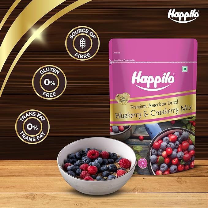 Happilo Premium American Dried Whole Blueberry Cranberry Duet 200G Pack Dried Cranberries &amp Blueberries Mix 100% Organic Natural Real Dried Berries Low Calorie Snack Pack Of 1