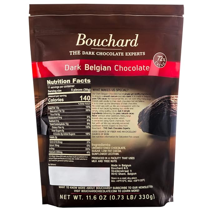 Bouchard Dark Belgian Chocolate (72% Cacao) | Individually Wrapped in Resealable Bag | No Soy No Vanilla No Nonsense | Non-GMO Gluten Free OU-D Kosher