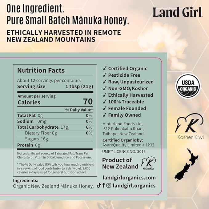 Land Girl Organics New Zealand Raw Premium Manuka Honey | Monofloral USDA Certified Organic Superfood UMF 15+ MGO 550+ Medical Grade 8.8 oz Glass Jar