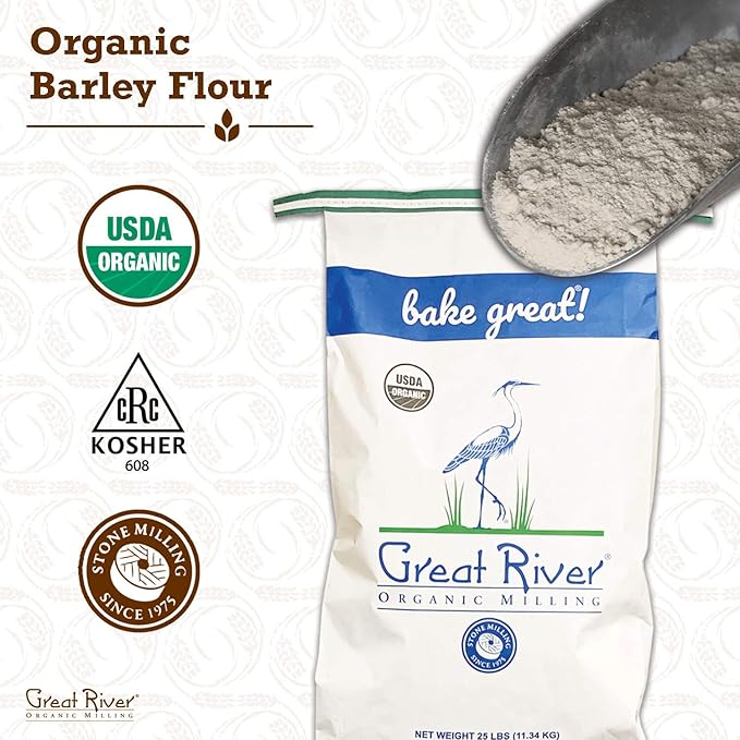 Great River Milling Organic Barley Flour | Unbleached Unbromated Non-GMO Kosher | High Fiber Nutty Flavor Perfect for Breads Pancakes &amp More | 25 Lb
