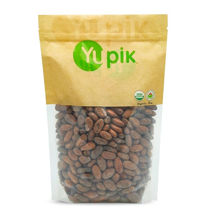 Yupik Organic Raw Cacao Beans 2.2 lb (35.2 oz) Vegan GMO-Free Kosher Gluten-Free Dried Beans Fermented Unroasted No Sugar Added Source of Fiber &amp Iron Ideal for Baking &amp Chocolate M