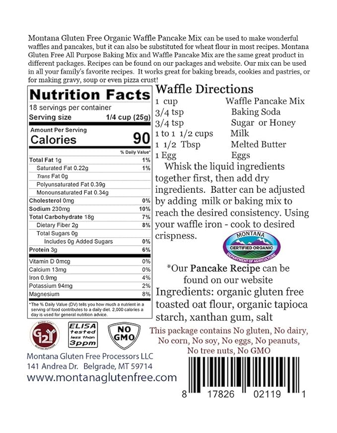 Montana Gluten Free Organic Waffle Pancake Mix 2 1lb pkgs (2lbs total)