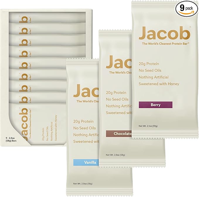 Jacob Bar Protein Bars Variety Pack (9 Bars Total) Contains 3 of Each Chocolate Vanilla Berry - 20g Grass-Fed Protein No Seed Oils Nothing Artificial