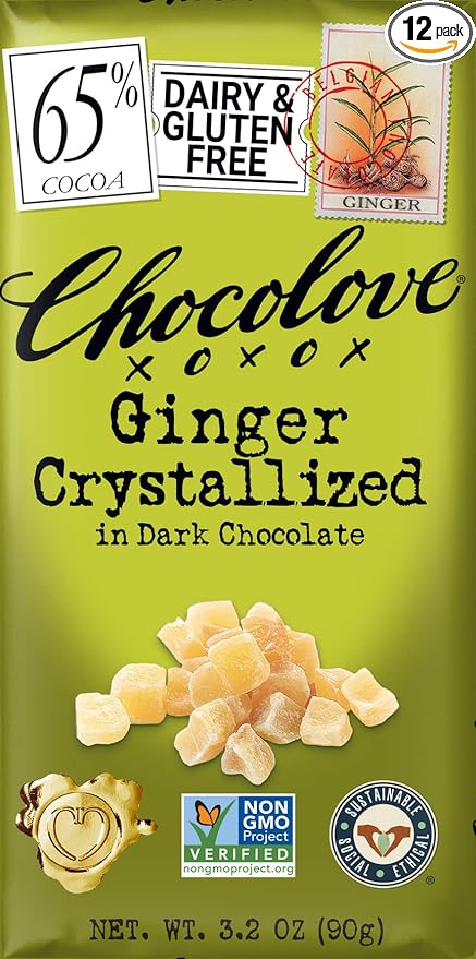 Chocolove Chocolate Bar Ginger Crystallized in Dark Chocolate 3.2 Ounce (Pack of 12)