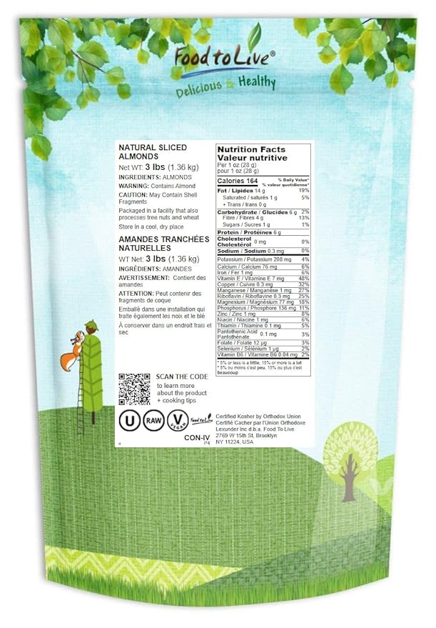 Food to Live California Natural Sliced Almonds 3 Pounds – Raw Unblanched Almond Nuts Kosher Vegan Keto Bulk. High in Protein Dietary Fiber Vitamin E. Great for Desserts Salads Granola