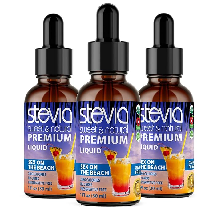 Sex On The Beach Premium Stevia Drops. Organic Liquid Stevia Sugar Substitute Naturally Sweet Non-Bitter 0 Calorie 0 Carb NON-GMO Diabetic &amp Keto Friendly (1oz) Glass Bottles (Pack of 3)