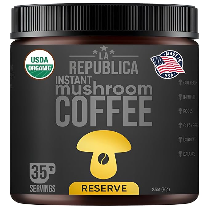 La Republica Founders Reserve Instant Mushroom Coffee Organic (35 Servings) Full Fruiting Bodies 50% More Shrooms Small Batch