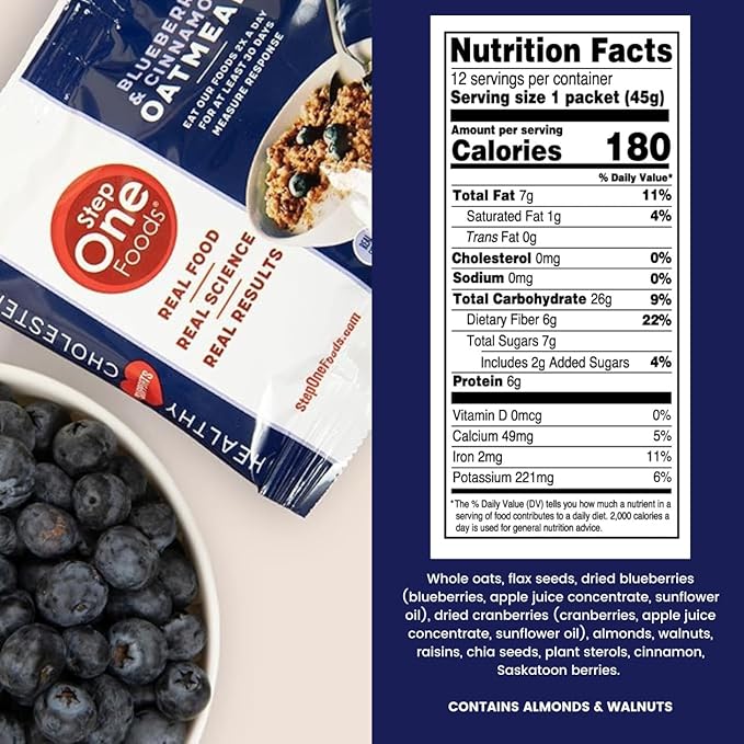 Step One Foods Blueberry Cinnamon Oatmeal Heart Healthy Snack Plant Sterols Omega 3's and Dietary Fiber Gluten Free Vegan Zero Sodium Non-GMO Individual Packs (12 Pack)