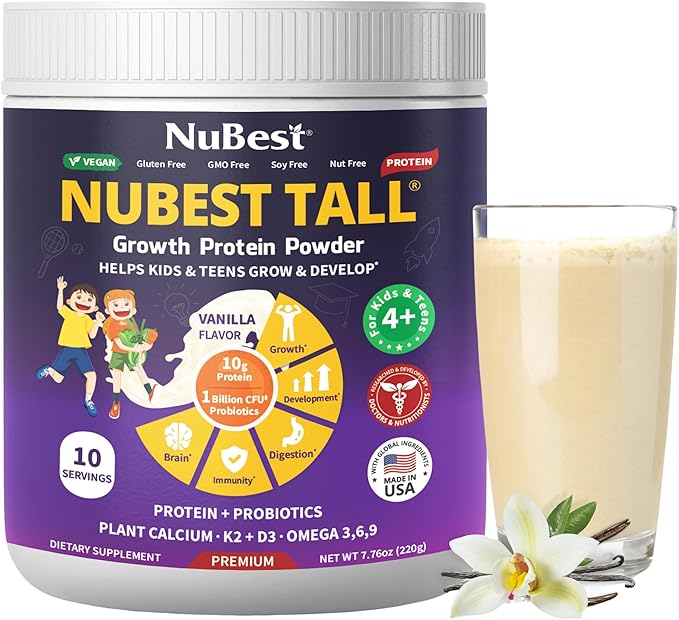 NuBest Tall Vanilla Plant-Based Protein Powder for Kids &amp Teens - Healthy &amp Immunity with Probiotics Omega 3-6-9 Vitamin D3 + K2 Calcium &amp Vitamins - 10 Servings | 2 Week Supply