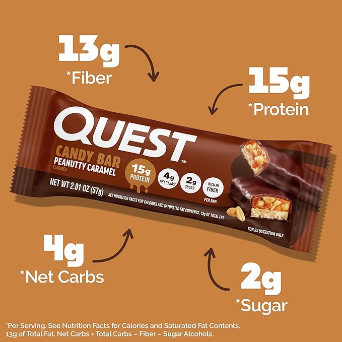 Quest Nutrition Protein Bar Peanutty Caramel Flavor 15g Protein 2g Sugar Low Sugar Gluten Free 12 Count
