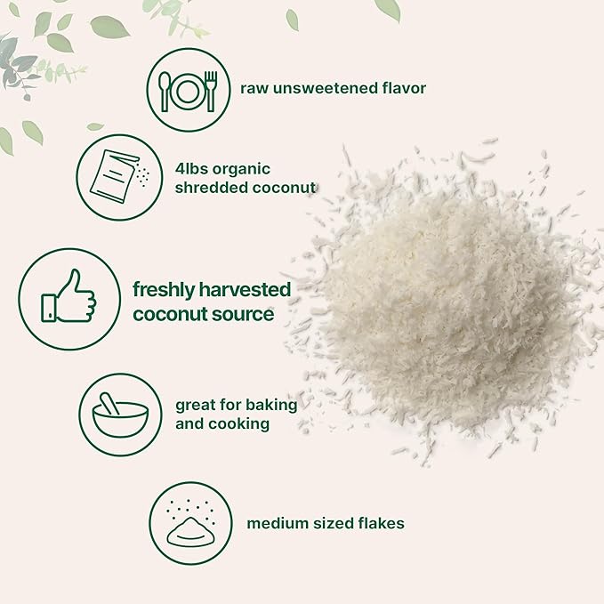 Organic Shredded Coconut Flakes 4lbs | Raw Unsweetened Flavor Medium Sized | Great for Baking Smoothies or Garnish | Non-GMO Sugar Free Keto Friendly