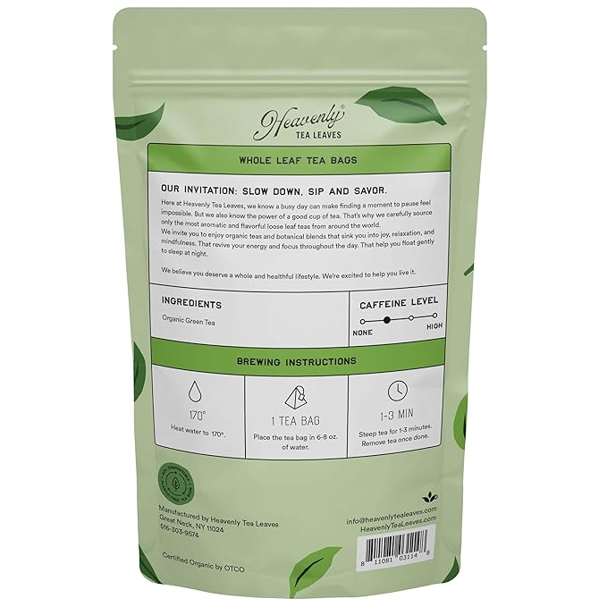 Heavenly Tea Leaves Organic Jasmine Green (50 Pyramid Tea Bags) Bulk Compostable Green Tea Sachets - 100% Plastic Free Premium Quality Whole Tea Leaves in a Convenient Tea Bag