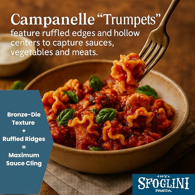 Sfoglini Trumpets Pasta (Organic Durum Semolina) – “Campanelle/Bell” Shape for Sauce Capture (4-Pack 16oz Each)