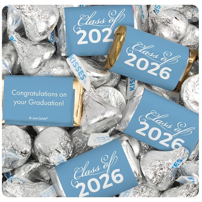 124 Pcs Light Blue Graduation Candy Party Favors Light Blue Wrapped Miniatures &amp Silver Kisses (1.58 lbs Approx. 128 Pcs)