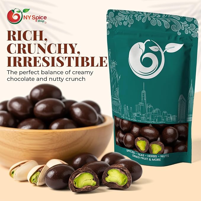 NY Spice Shop Dark Chocolate Covered Pistachios Candy - 8 Ounce Chocolate Pistachio Candy Candies - Gourmet Nuts Bites Movie Night Snacks - Nut Treats Snacks Variety Pack - Sweet Pistachio Candies