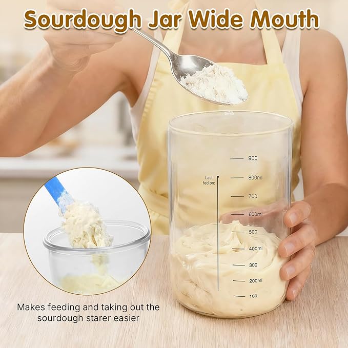 34oz Sourdough Starter Jar KitWide Mouth Sourdough Starter Container with Feeding Tracking Band Silicone Spatula&ampSourdough Starter Kit-Baking Supplies(2 pack). (Blue)