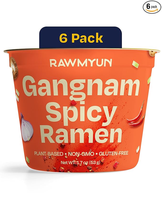 RAWMYUN Gluten Free Healthy Korean Ramen Vegan Superfood Clean Ingredients Plant-Based Cup Noodles made with Organic Rice Noodles Instant Soup | No MSG Non-GMO Real Ingredients (6 Gangnam Spicy)