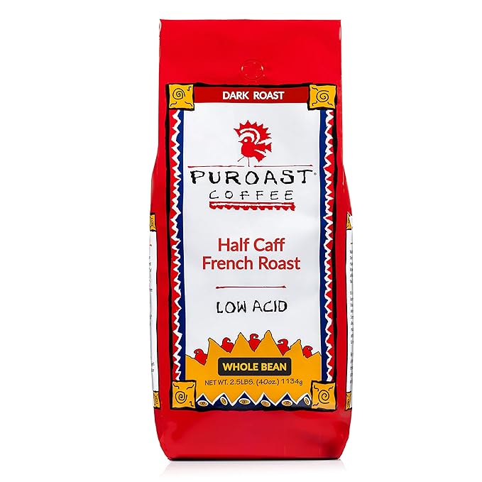 Puroast Low Acid Coffee Half Caff | Half Caff Decaf French Roast Whole Bean | Dark Roast | High Antioxidants &amp High pH |No Bitter Aftertaste | Reduced Heartburn &amp GERD | Suitable for Cold Brew