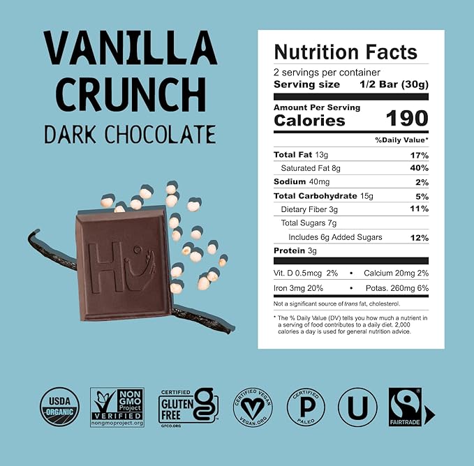 Hu Chocolate Bars | 6 Pack Vanilla Crunch Chocolate | Natural Organic Vegan Gluten Free Paleo Non GMO Fair Trade Dark Chocolate | 2.1oz Each