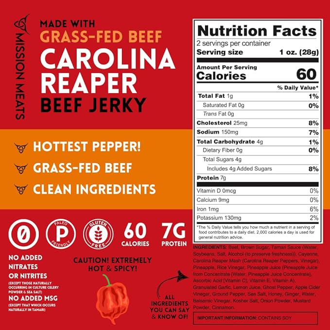 Mission Meats Carolina Reaper Jerky from 100% Grass Fed &amp Pasture Raised Beef Caution: Extremely Spicy Small Batch Hand Crafted Gluten Free 2oz (Pack of 3)