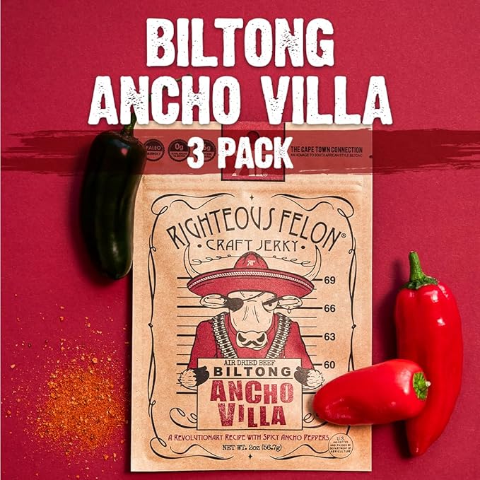 Righteous Felon Biltong Beef Jerky | South African Biltong Snack Packs for Adults | High Protein Keto-Friendly Low Sugar | Made with Premium Meats | Beef Jerky Gifts for Men | Ancho Villa 3 Pack