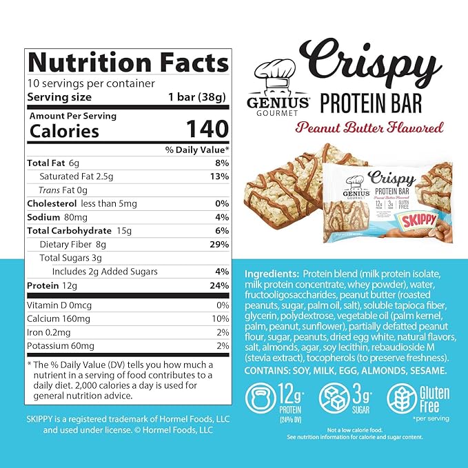 Genius Gourmet SKIPPY® Peanut Butter Flavored Crispy Protein Bars12g Protein per serving (24% DV) 3g Sugar Delicious Snack Bar Gluten Free – 10 Count