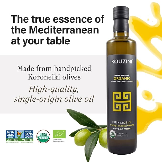 Kouzini Organic Greek Extra Virgin Olive Oil First Cold Pressed Single Origin Family Owned Organic Extra Virgin Olive Oil Cold Pressed EVOO for Cooking Salad Dressings &amp more 500ml