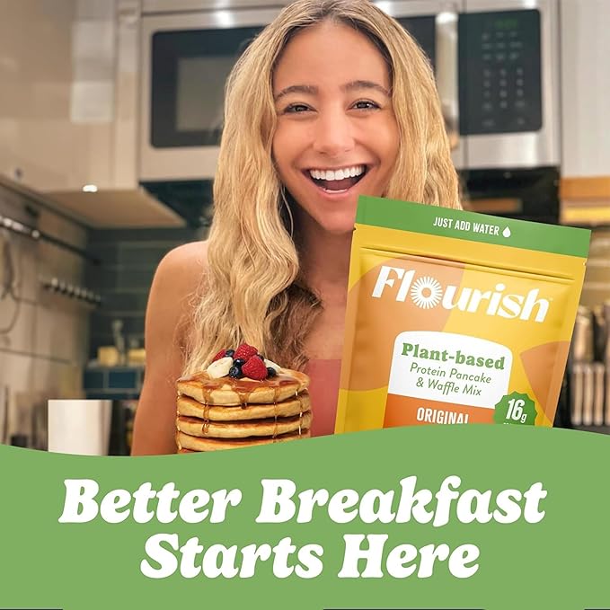 Flourish Plant-Based Protein Pancake &amp Waffle Mix Gluten-Free Dairy-Free Nut-Free Soy-Free Vegan Non-GMO All-Natural Superfood High Protein &amp Fiber Just Add Water - Original 430 g (2