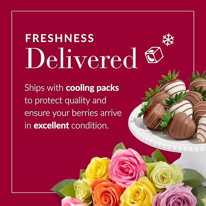 Shari’s Berries 12 Assorted Roses &amp 6 Gourmet Chocolate Covered Strawberries Gift Bundle| Flower &amp Chocolate Gift Delivery for Valentine's Day Anniversary Birthday &amp Thank You (No Vase)