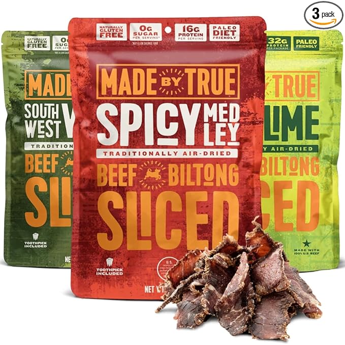 Made by True Beef Sliced Bites Spicy Variety (2 oz Pack of 3) - All Natural Zero-Sugar True Jerky Biltong - High Protein Keto Paleo &amp Whole30 Diet - Sugar-Free Gluten-Free Carb-Free