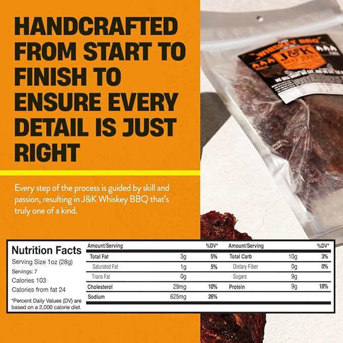 J&ampK Whiskey BBQ Beef Jerky - Small Batch American Made Slab Beef Jerky Spicy and Savory Snack with a Kick - Bold &amp Flavorful Snack! - 7oz Big Bag