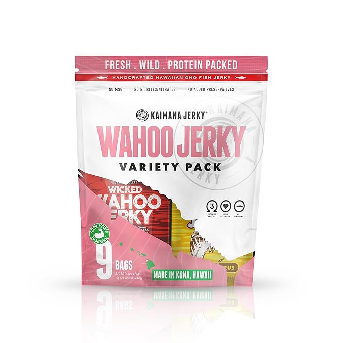 Wahoo Ono Fish Jerky Variety Sampler- Smokin' Hickory O.G Island Citrus &amp Spicy Chili - Organic Gourmet Smoked Fish Strips Rich in Omega-3 &amp Protein Low-Calorie Low Sodium &amp Sugar- 9
