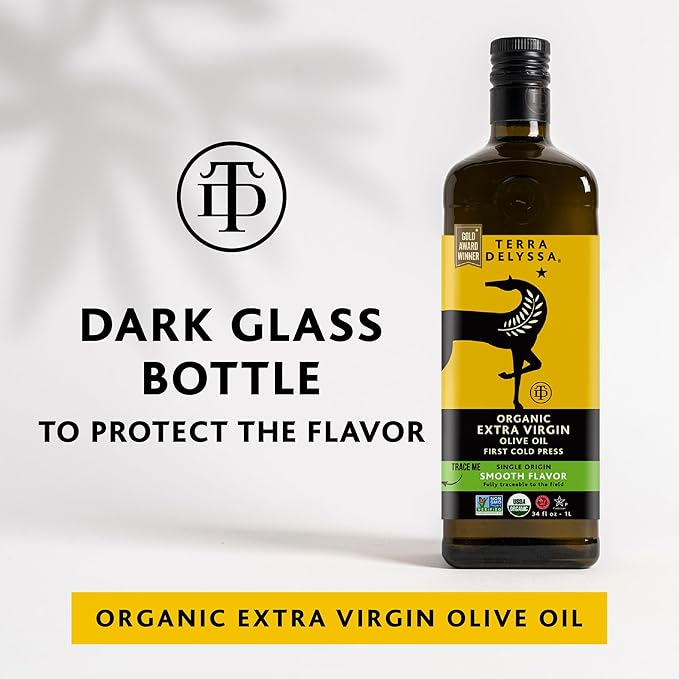 Terra Delyssa First Cold Pressed Organic Extra Virgin Olive Oil Single Sourced 1 L (34 fl. oz) Dark Glass Bottle - 1 Pack Non-GMO Naturally Rich in Antioxidants and Polyphenols