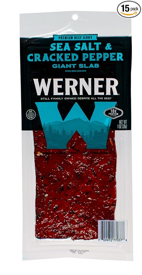 Werner Beef Jerky Slab Pack of 15-1 Ounce Individually Wrapped Meat Snacks (Sea Salt &amp Cracked Pepper)