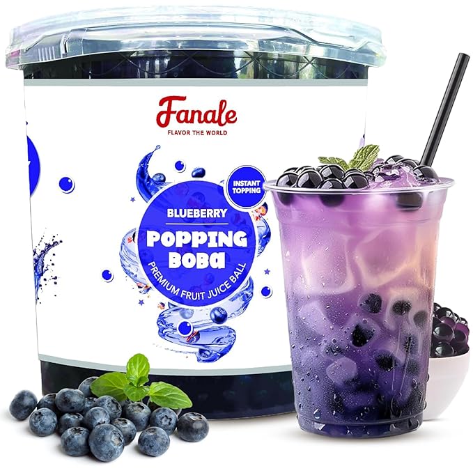 Fanale Blueberry Popping Boba Pearls Vegan Non GMO Gluten Free Fat Free Perfect for Bubble Tea Smoothies Ice Cream Desserts and Beverages.