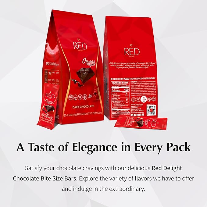 Red Delight Snack Size Dark Chocolate Bars - Pack of 2 30oz (With 60 Diamond-Shaped Dark Chocolates) - Low Carb Kosher No Added Sugar Gluten-Free - Smooth European-Style Healthy Birthday Treat